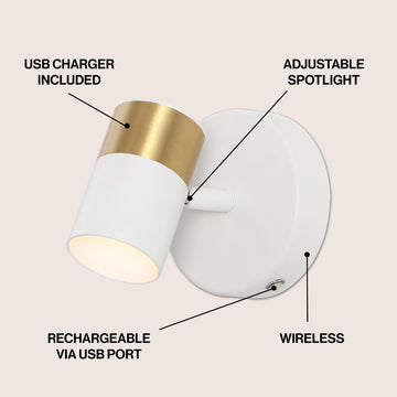 Paola 6" 1-Light Modern Adjustable Head Integrated Dimmable LED Rechargeable Wall Spotlight with Touch Sensor - JONATHAN Y